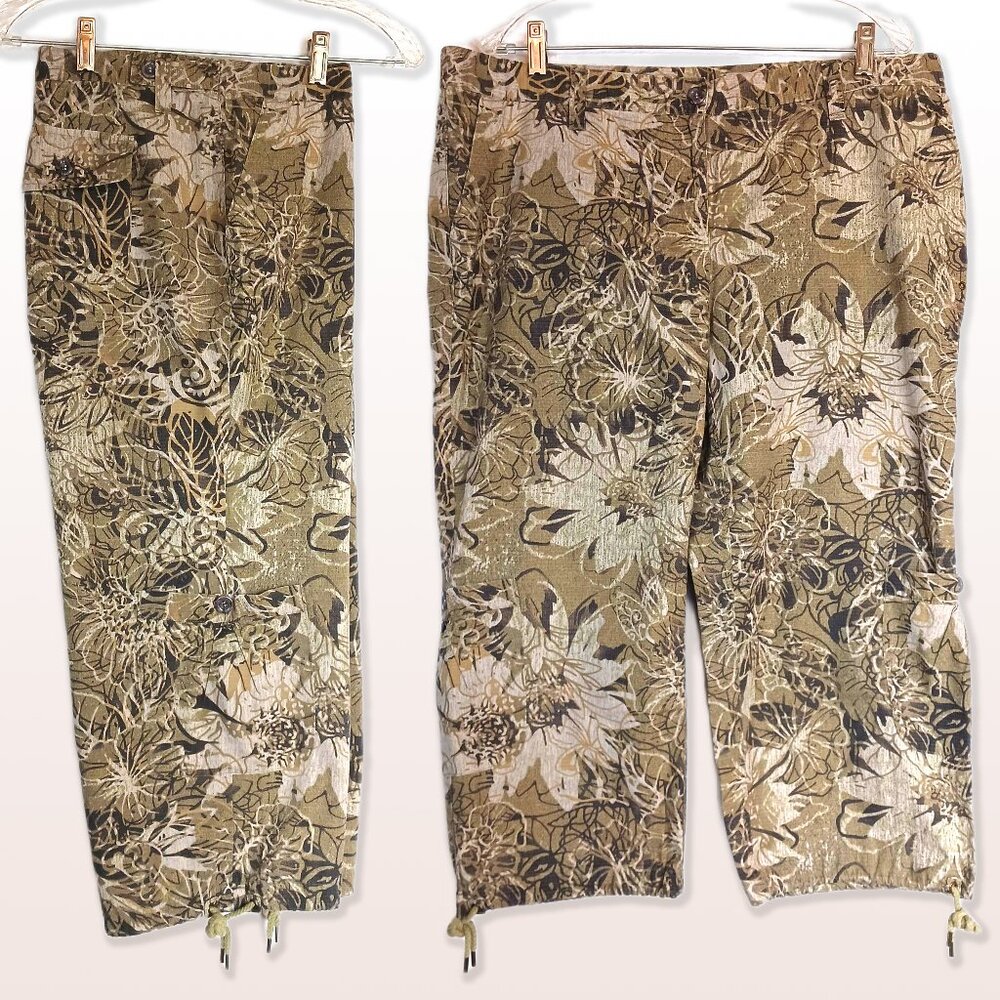 Axcess Olive Green/Tan Floral Cotton Capri Pants Tie Hem Side Pockets Size 16